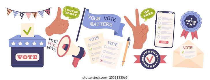 Vote 2024 set. Election campaign. Voting concept. Political collection.