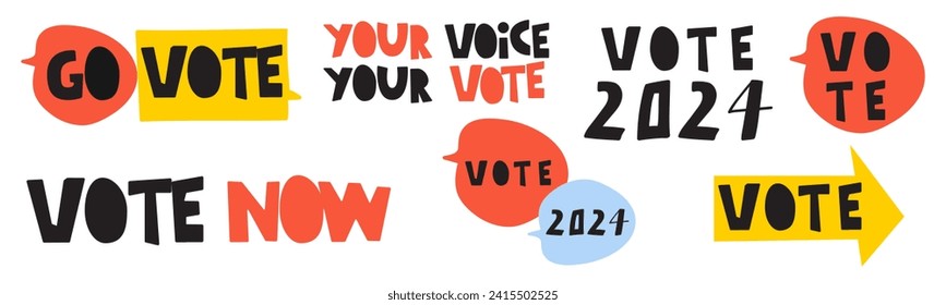 Vote 2024. Set of hand drawn badges and handwriting phrases. Flat vector illustrations on white background.