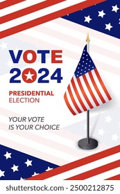 Vote 2024 USA Presidential Election Banner. Presidential election day in the United States on 5th November. Political election campaign banner, post, card, poster design. Vector illustration.