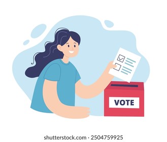 Vote 2024 woman putting a ballot in a voting box. Election campaign concept, vector illustration in flat style