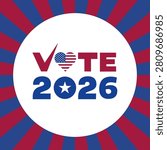 Vote 2026 Heart Icon Badge with Red Blue Sunburst Rays Vector Illustration