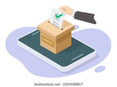 Votar 3d icono de la caja de celulares móviles vector de la elección de la cédula de votación isométrica ilustración en línea, Internet celular digital virtual smartphone test anónimo, elector man hand paper formulario