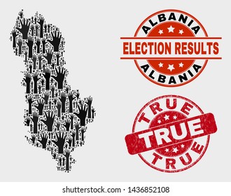 Vote Albania map and seals. Red rounded True distress stamp. Black Albania map mosaic of raised up vote arms. Vector combination for election results, with True seal stamp.