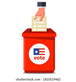 vote in the American elections. toss the billet into the red container. flat vector illustration isolated on white background.