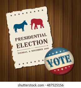 Vote badge button with donkey and elephant symbols political parties America. 2016 USA presidential election campaign.Vintage style. Vector illustration. 