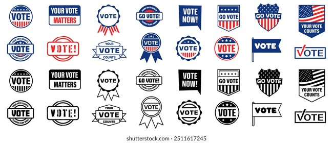 Insignias de votación. Conjunto de insignias de votación. Estilo plano. Vector.