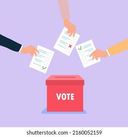 Vote ballot box. Group of people putting paper vote into the box. Election concept. Democracy, Freedom of speech, justice voting and opinion. Referendum and poll choice event. Vector illustration