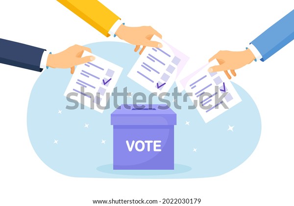 Vote ballot box. Group of people putting\
paper vote into the box. Election concept. Democracy, Freedom of\
speech, justice voting and opinion. Referendum and poll choice\
event. Vector\
illustration