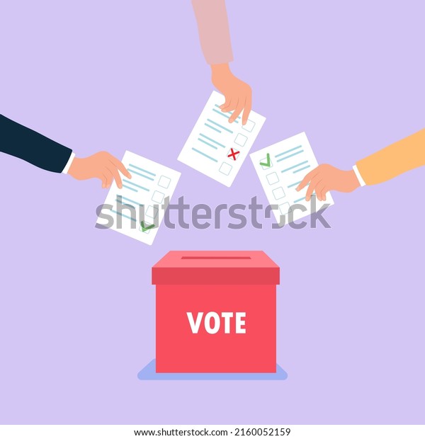 Vote ballot box. Group of people putting
paper vote into the box. Election concept. Democracy, Freedom of
speech, justice voting and opinion. Referendum and poll choice
event. Vector
illustration