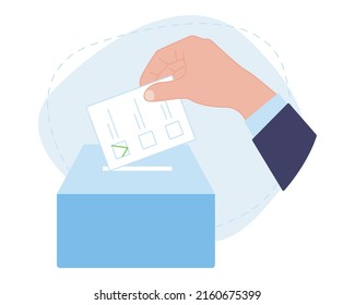 Vote ballot box. The man puts his paper voice in the box. Election concept. Democracy and freedom of choice. Vector illustration