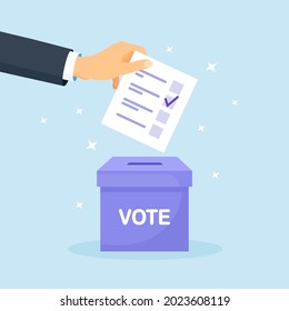 Vote ballot box. Man putting paper vote into the box. Election concept. Democracy, Freedom of speech, justice voting and opinion. Referendum and poll choice event. Vector illustration