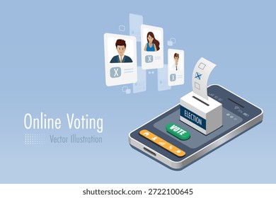 Boleta de votación cayendo en la casilla electoral en el teléfono inteligente. Voto electrónico, elección en línea, concepto de voto político. Vector.	