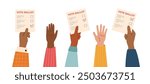 Vote ballots in human hands. Election campaign. Democracy vote. Vote politics. Voting concept. Human hands raised up with vote ballots.
