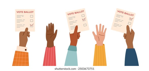 Vote ballots in human hands. Election campaign. Democracy vote. Vote politics. Voting concept. Human hands raised up with vote ballots.