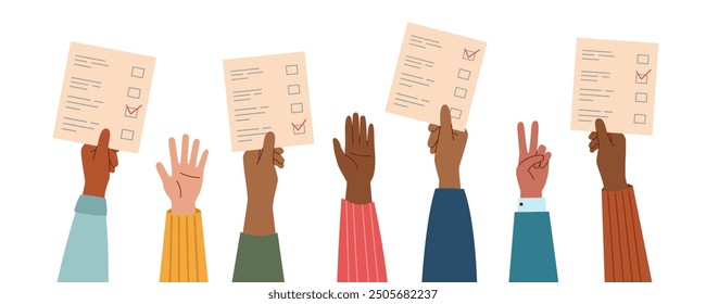 Vote ballots in human hands. Election campaign. Democracy vote. Vote politics. Voting concept. Human hands raised up with vote ballots.