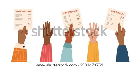 Vote ballots in human hands. Election campaign. Democracy vote. Vote politics. Voting concept. Human hands raised up with vote ballots.