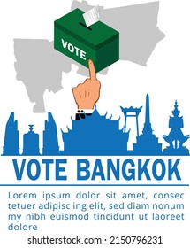 Vote for Bangkok Thailand,Hand makes voting news into ballot box. Election bangkok concept, flat vector illustration.