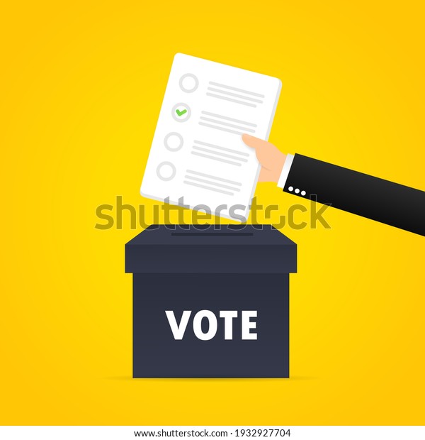 Vote banner. The hand puts\
the paper into the ballot box. Vector on isolated background. EPS\
10