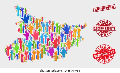 Vote Bihar State map and seal stamps. Red rectangular Approved scratched seal stamp. Colorful Bihar State map mosaic of raised up help hands. Vector combination for election day, and ballot results.