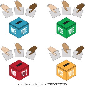 Vote box with 3 hands entering the vote paper