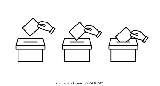Vote box with ballot, line icon. Hand holding ballot paper, election. Vote and opinion. Vector illustration