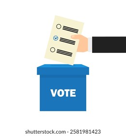 Vote box. Hand casting a ballot into a blue voting box. Vector isolated