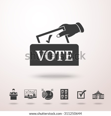 Vote box with hand and set of ELECTION icons with -  vote list, speaking man, infographics, check box, white house. vector
