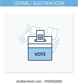 Vote box line icon. Voting form with check mark in ballot box. Choice, vote concept. Democracy. Parliamentary or presidential elections. Isolated vector illustration. Editable stroke