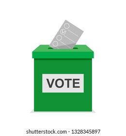 Vote bulletin ith green vote box. Election and democracy political process selecting concept. Flat design vector illustration