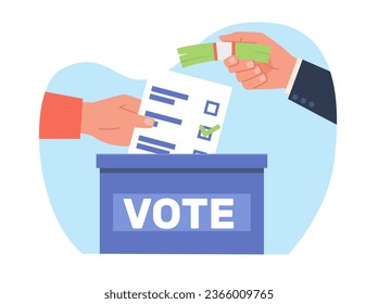 Vote buying by political candidates. Voting election corruption. Bribery in election process. Politician holding money and voter holding ballot cartoon flat style isolated vector concept