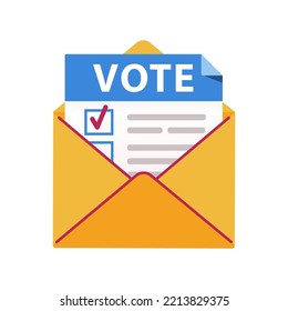 Vote By Mail. Icon Yellow Envelope With A Voting Sheet. Vector Illustration Isolated On White Background.
