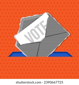 Vote by mail - trendy vintage halftone banner concept. Distant voting. Open envelope with a ballot paper is dropped into the mailbox.