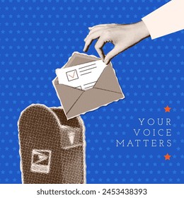 Vote by mail - trendy vintage halftone banner concept. Hand Distant voting by putting letter in postbox. Open envelope with a ballot paper is dropped into the mailbox. Vector illustration