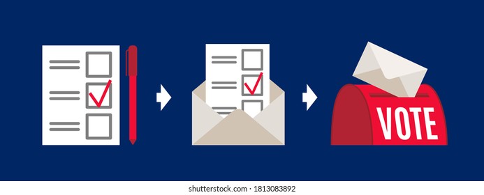 Vote by mail vector instruction illustration. Voting form, envelope, post box. Elections during quarantine concept.