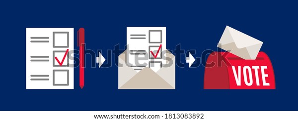 Vote by\
mail vector instruction illustration. Voting form, envelope, post\
box. Elections during quarantine\
concept.