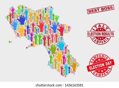 Vote Campania region map and watermarks. Red rectangular Best Boss grunge seal. Bright Campania region map mosaic of upwards vote arms. Vector combination for election day, and referendum results.