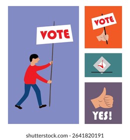 Vote cards set. Young man  holding a sign with a vote sign. Voting card, print or poster. Trend symbol. Vector illustration.