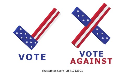 Vota por la marca de verificación, vota en contra de la cruz. Elecciones estadounidenses. Ilustración vectorial plana aislada sobre fondo blanco.