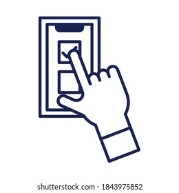 Vote check mark on smartphone and hand line style icon design, President election government and campaign theme Vector illustration