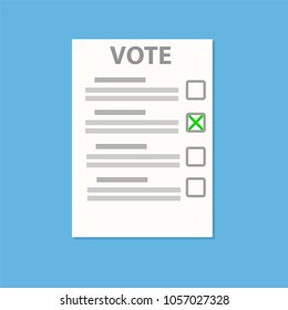 Vote (check) paper list on blue with shadow, stock vector illustration