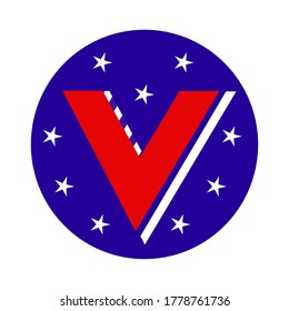 Vote circle sticker or label in colors and symbols of USA flag, American elections, vote sign. Letter V as a symbol of voting and choice. Vote badge or pin