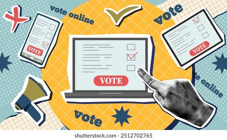 Vote collage in pop art style. Election campaign. Vote banner. Online voting concept. Democracy vote.