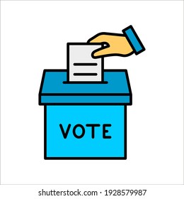 Vote color line icon. Hand putting paper in the voting box on white background. color editable