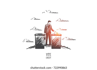 Vote concept. Hand drawn person voting. Process of elections isolated vector illustration.