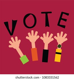 Vote concept. Raised up hands for election, meeting, volunteering charity in flat design.