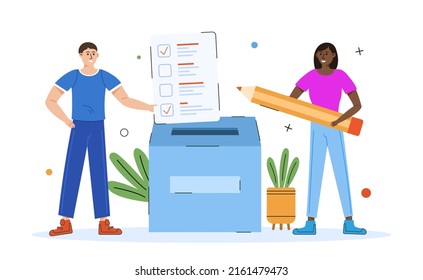 Vote concept. Young man and woman doing choice on white blank. Vector illustration concept