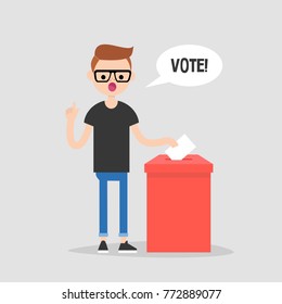 Vote, conceptual illustration. Young character calling for participation in elections / flat editable vector illustration, clip art