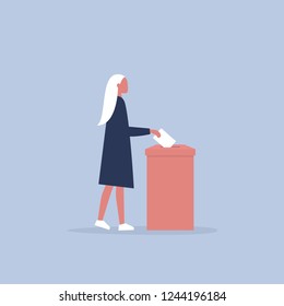 Vote, conceptual illustration. Young female character participating in elections / flat editable vector illustration, clip art