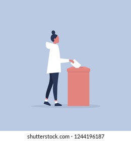 Vote, conceptual illustration. Young female character participating in elections / flat editable vector illustration, clip art