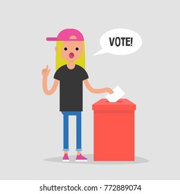 Vote, conceptual illustration. Young female character calling for participation in elections / flat editable vector illustration, clip art